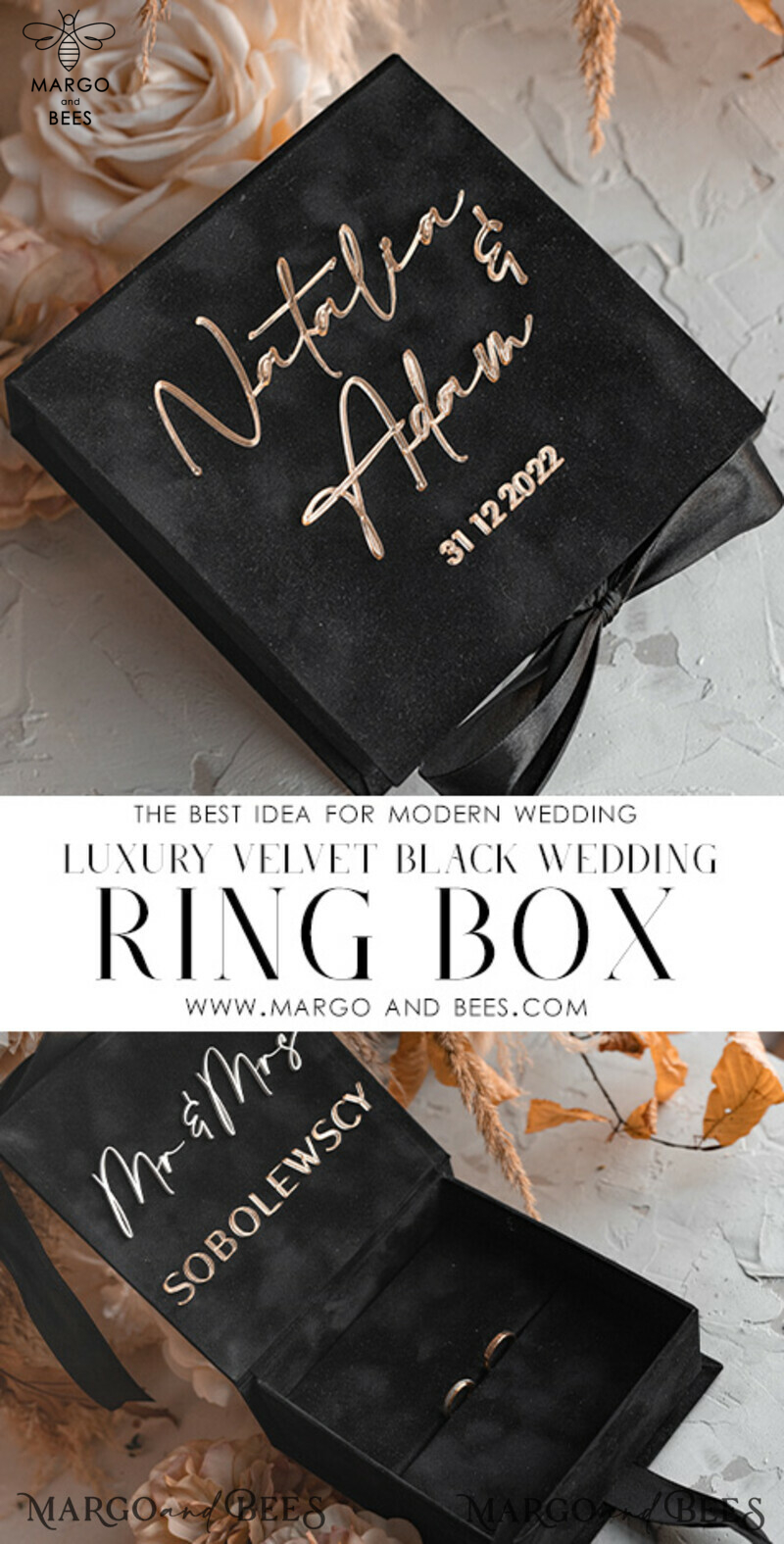 Black Golden Velvet Wedding Ring Box for Ceremony: Luxury Velvet Ring Box (Double) in Custom Colors for Boho Glam Wedding Ceremony with 3 Rings-3