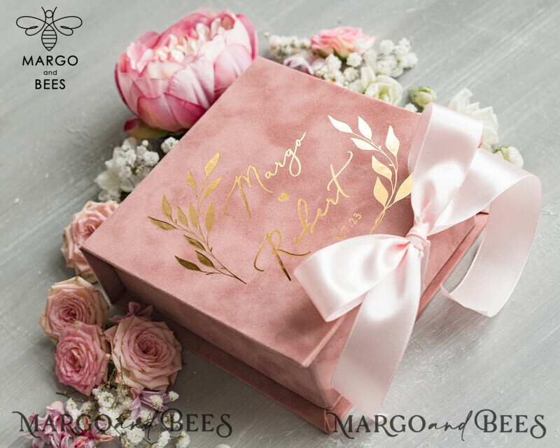 Elegant Velvet blush pink Wedding rings Box, Glamour gold Wedding rings Box, Elegant Acrylic  Wedding Box velvet blusch Pink Wedding rings Box-12