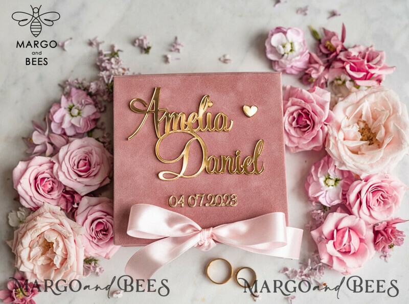 Personalised wedding Ring box • Blush Pink Golden velvet Wedding Ring Box for ceremony ceremony velvet, Boho Glam Wedding Ring Boxes his hers, Luxury Velvet Ring box double Custom Colors-7