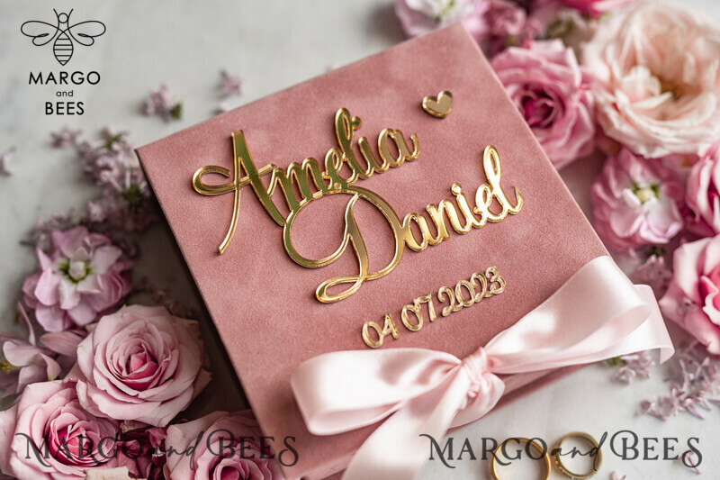 Personalised wedding Ring box • Blush Pink Golden velvet Wedding Ring Box for ceremony ceremony velvet, Boho Glam Wedding Ring Boxes his hers, Luxury Velvet Ring box double Custom Colors-2