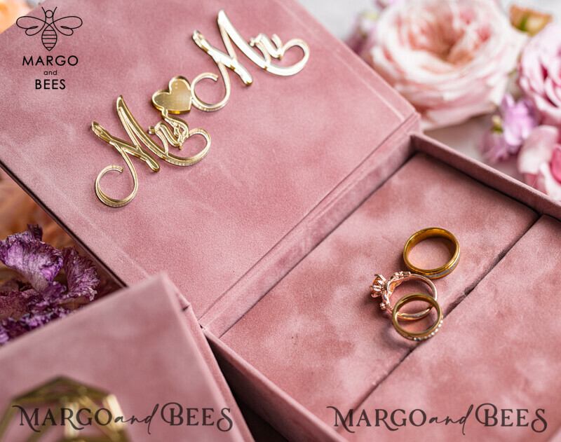 Ring Box for Wedding Ceremony 3 rings, Blush Pink Golden velvet Wedding Ring Box for ceremony, Boho Glam Wedding Ring Boxes his hers, Luxury Velvet Ring box double Custom Colors-9
