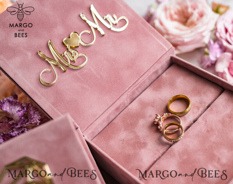 Luxury Blush Pink Golden Velvet Wedding Ring Box for Ceremony: Customizable Boho Glam His & Hers Ring Boxes-10