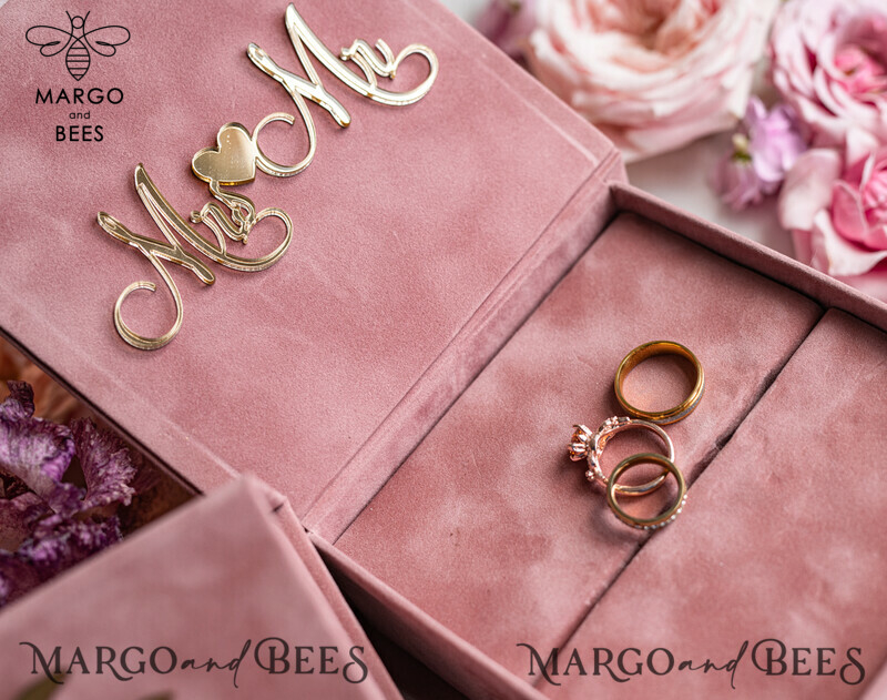 Ring Box for Wedding Ceremony 3 rings, Blush Pink Golden velvet Wedding Ring Box for ceremony, Boho Glam Wedding Ring Boxes his hers, Luxury Velvet Ring box double Custom Colors-10