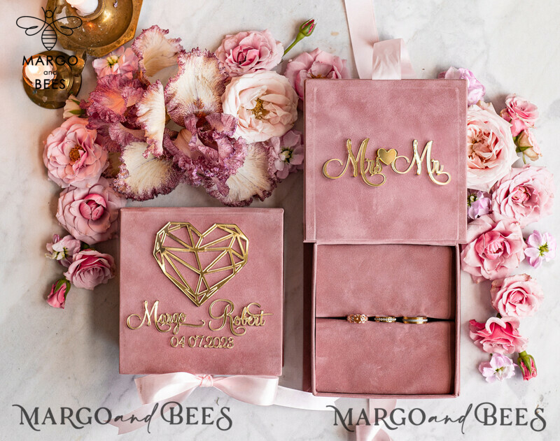 Ring Box for Wedding Ceremony 3 rings, Blush Pink Golden velvet Wedding Ring Box for ceremony, Boho Glam Wedding Ring Boxes his hers, Luxury Velvet Ring box double Custom Colors-1