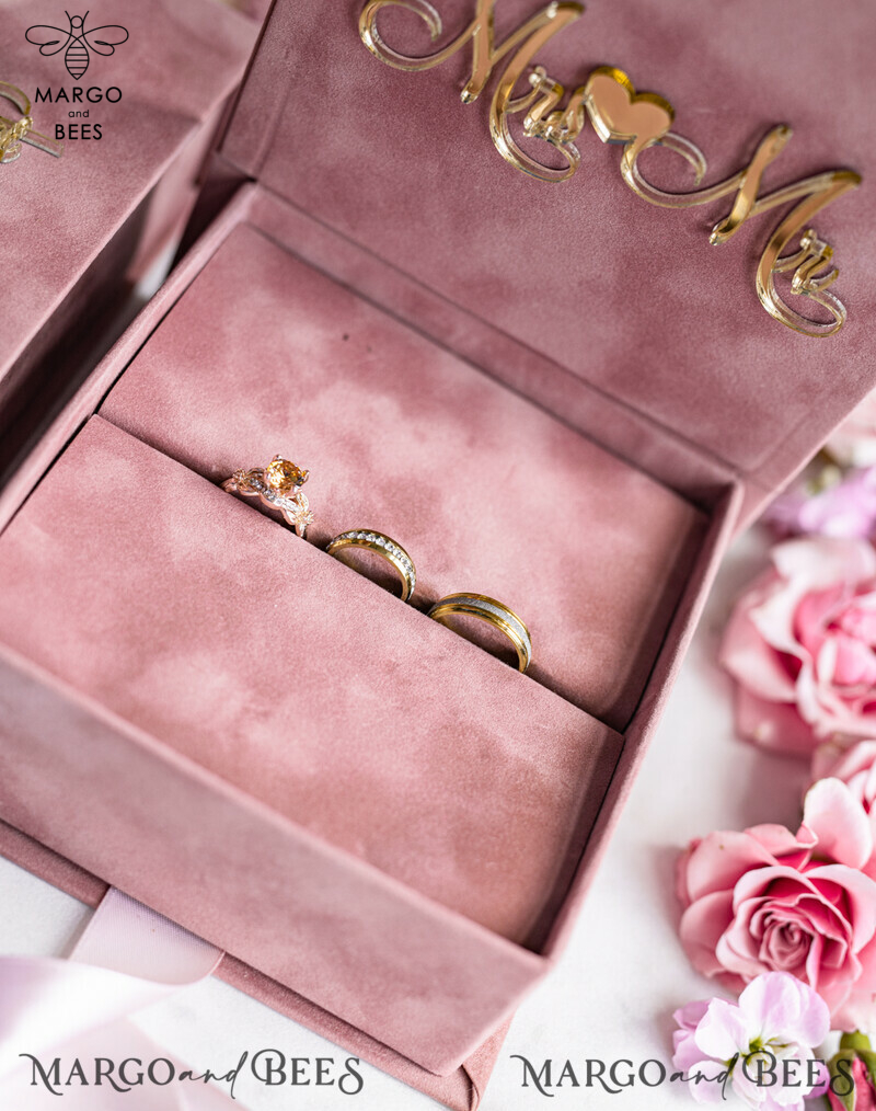 Ring Box for Wedding Ceremony 3 rings, Blush Pink Golden velvet Wedding Ring Box for ceremony, Boho Glam Wedding Ring Boxes his hers, Luxury Velvet Ring box double Custom Colors-4