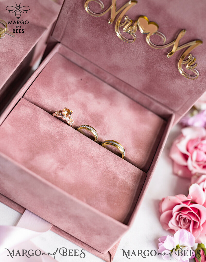 Luxury Blush Pink Golden Velvet Wedding Ring Box for Ceremony: Customizable Boho Glam His & Hers Ring Boxes-5