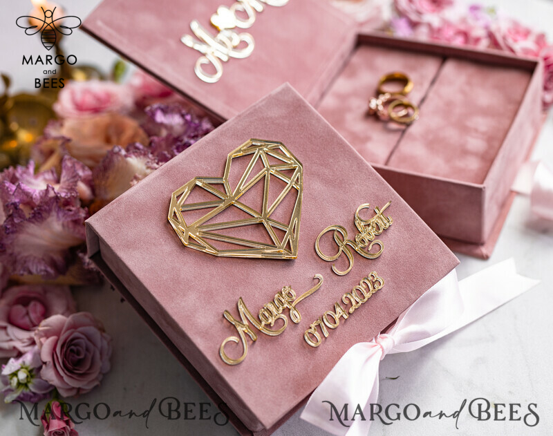 Luxury Blush Pink Golden Velvet Wedding Ring Box for Ceremony: Customizable Boho Glam His & Hers Ring Boxes-6