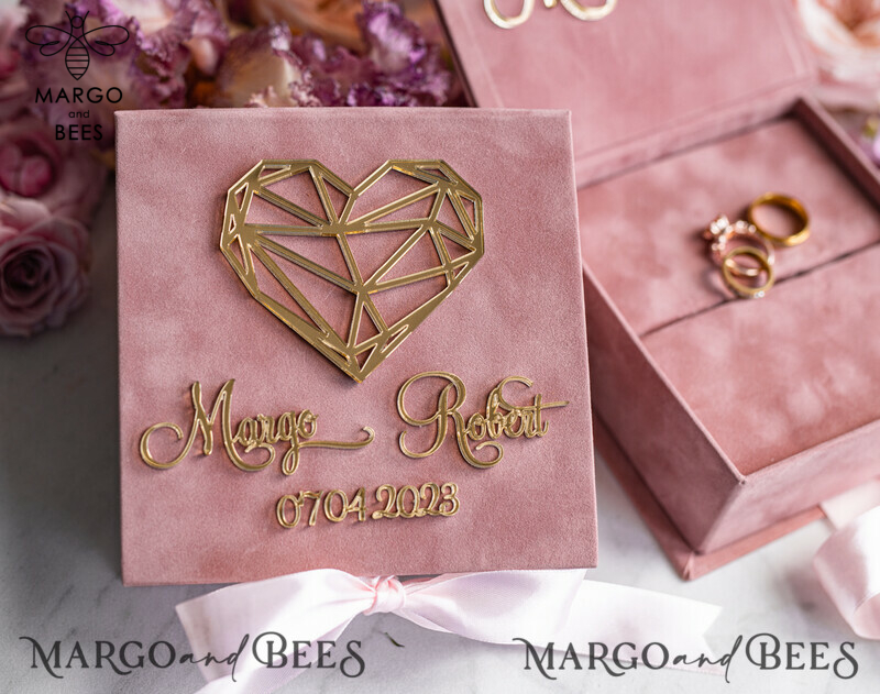 Ring Box for Wedding Ceremony 3 rings, Blush Pink Golden velvet Wedding Ring Box for ceremony, Boho Glam Wedding Ring Boxes his hers, Luxury Velvet Ring box double Custom Colors-7
