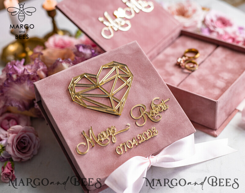 Luxury Blush Pink Golden Velvet Wedding Ring Box for Ceremony: Customizable Boho Glam His & Hers Ring Boxes-9