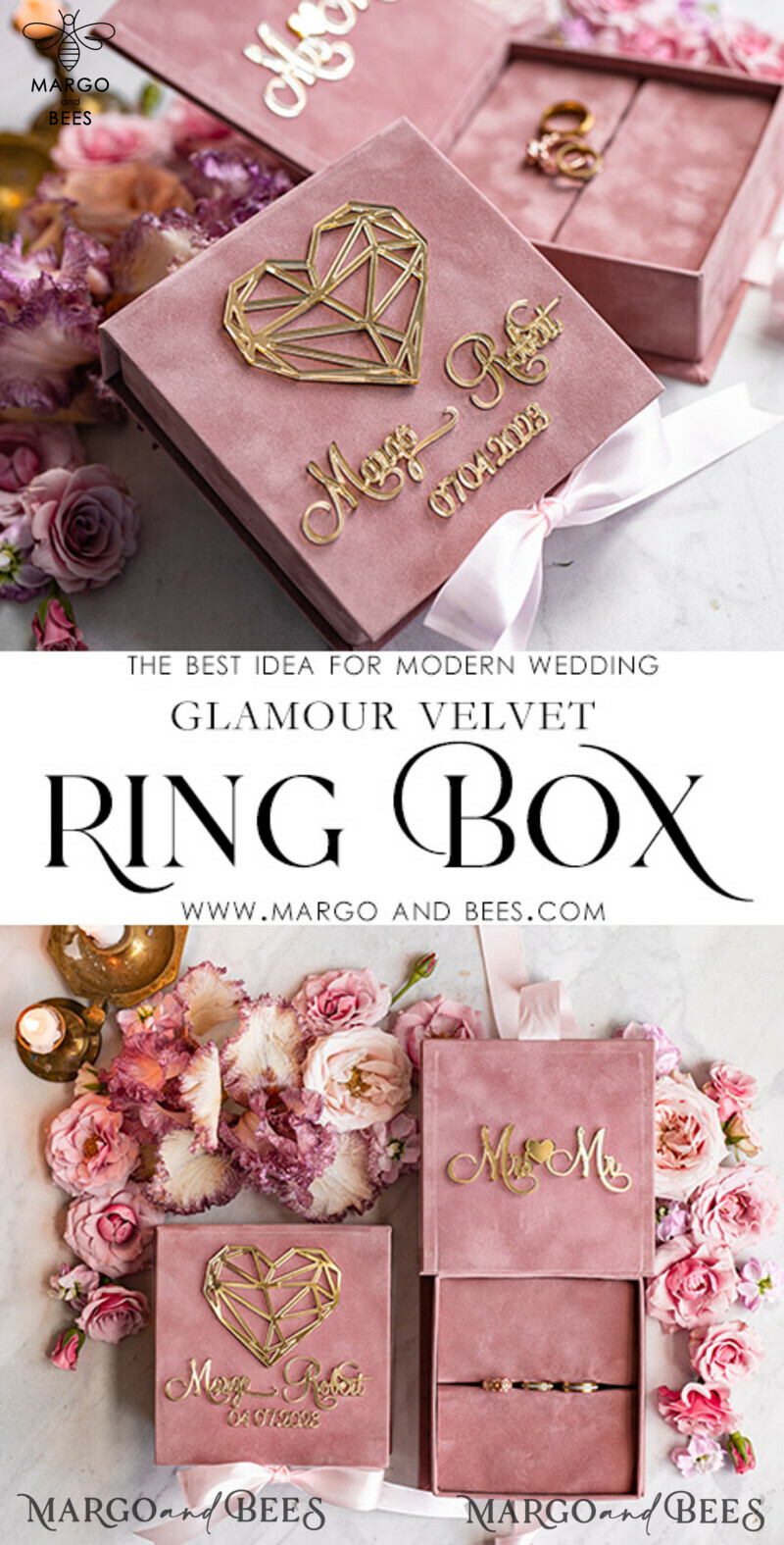 Luxury Blush Pink Golden Velvet Wedding Ring Box for Ceremony: Customizable Boho Glam His & Hers Ring Boxes-3