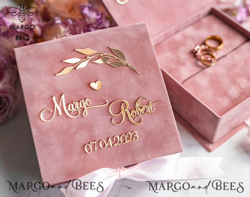 Blush Pink Golden velvet Wedding Ring Box for ceremony, Ring Box for Wedding Ceremony 3 rings velvet, Boho Glam Wedding Ring Boxes his hers, Luxury Velvet Ring box double Custom Colors-1