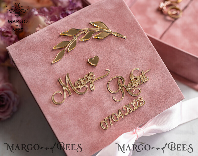 Blush Pink Golden velvet Wedding Ring Box for ceremony, Ring Box for Wedding Ceremony 3 rings velvet, Boho Glam Wedding Ring Boxes his hers, Luxury Velvet Ring box double Custom Colors-6
