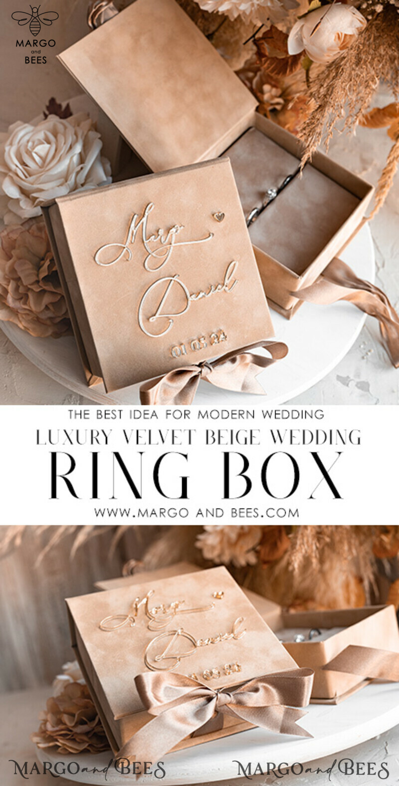 Beige Golden Velvet Wedding Ring Box: A Luxurious Choice for Your Ceremony

Nude Ring Box for Wedding Ceremony: Showcase Your Rings in Style

Add a Touch of Elegance with Boho Glam Wedding Ring Boxes for His and Hers

Luxury Velvet Ring Box Double: Customize Your Colors for a Personalized Touch-2