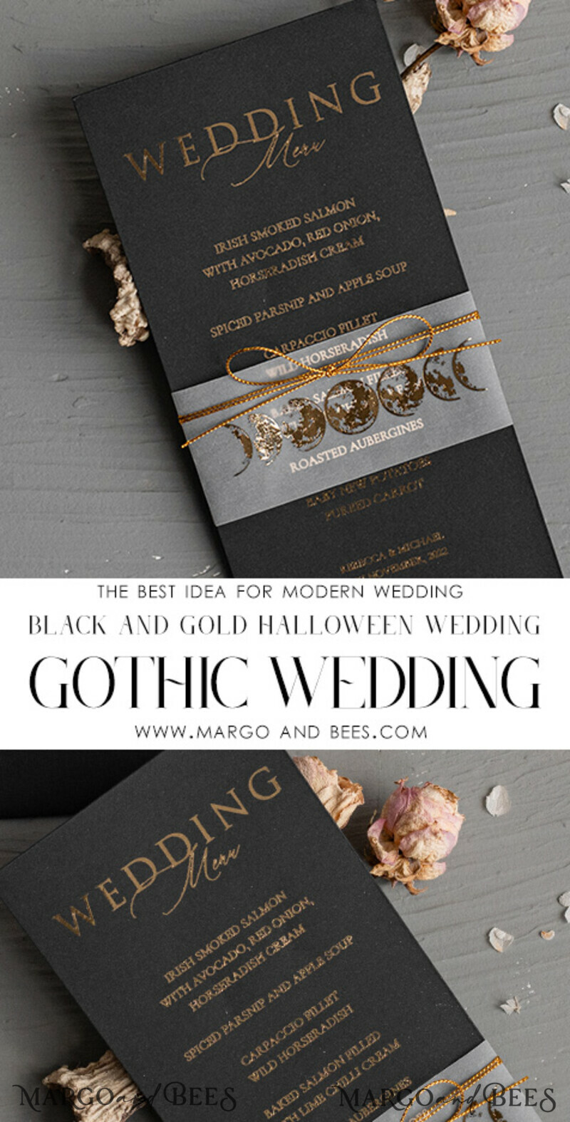 Halloween Wedding Menu Card, Black Wedding Menu, Skeleton Wedding Set black and gold-2
