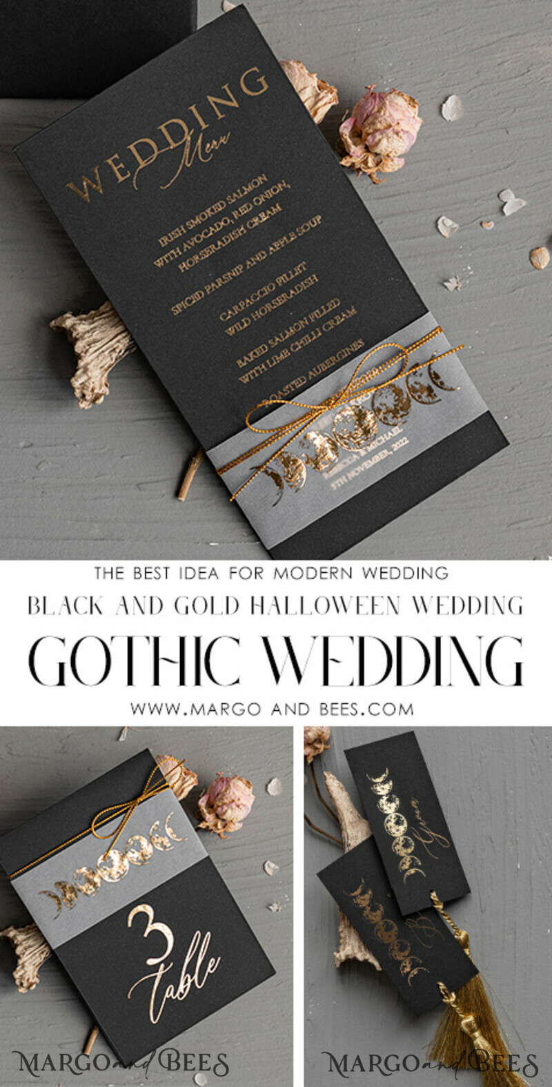 Halloween Wedding Menu Card, Black Wedding Menu, Skeleton Wedding Set black and gold-4