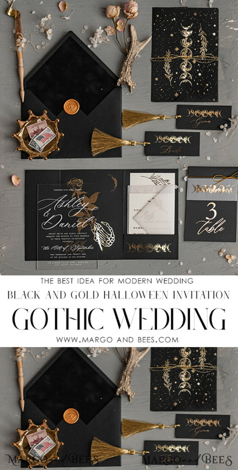 Halloween Wedding Menu Card, Black Wedding Menu, Skeleton Wedding Set black and gold-6