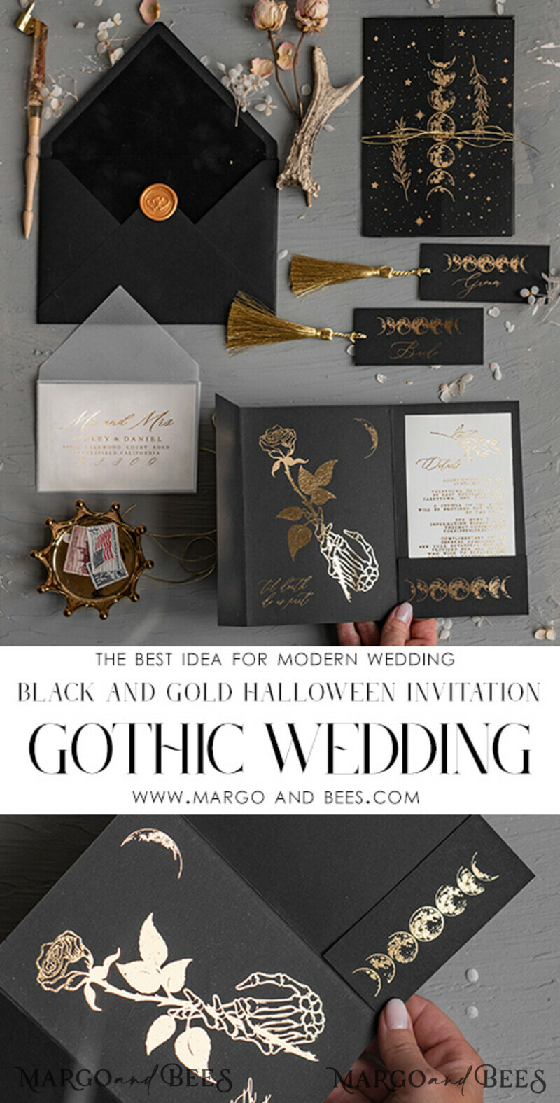Halloween Wedding Menu Card, Black Wedding Menu, Skeleton Wedding Set black and gold-7
