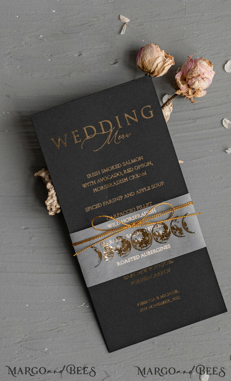 Halloween Wedding Menu Card, Black Wedding Menu, Skeleton Wedding Set black and gold-1