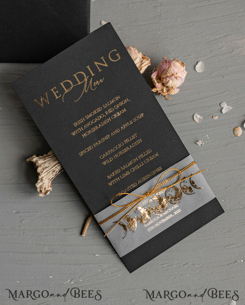 Halloween Wedding Menu Card, Black Wedding Menu, Skeleton Wedding Set black and gold-3