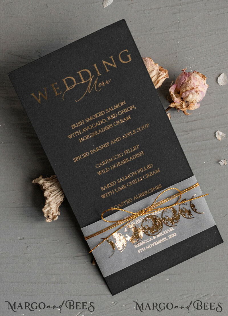 Halloween Wedding Menu Card, Black Wedding Menu, Skeleton Wedding Set black and gold-0