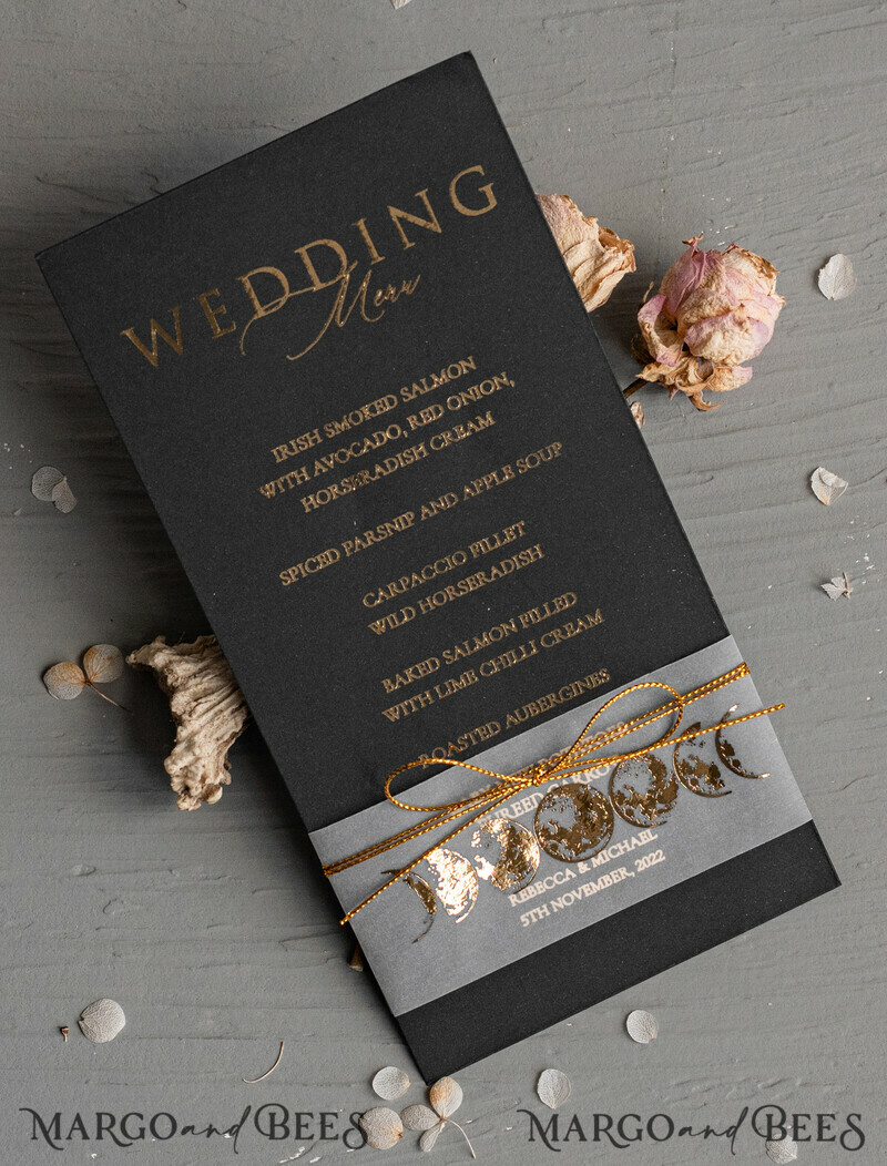 Halloween Wedding Menu Card, Black Wedding Menu, Skeleton Wedding Set black and gold-5