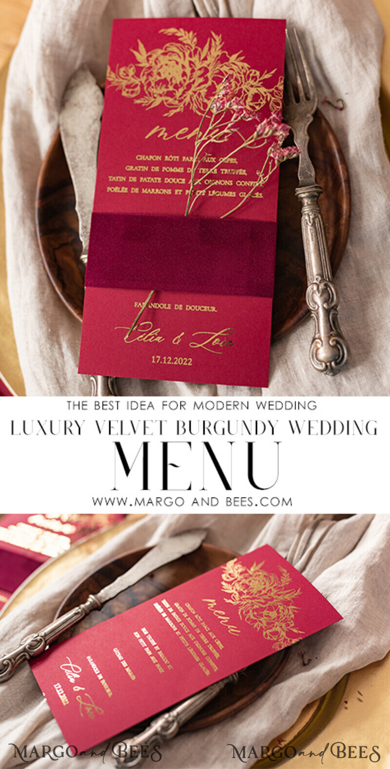 Elegant Burgundy And Gold Wedding Menu, Glamour Gold Foil Dinner Menu With Velvet Belly Band, Modern Wedding Menu Cards With Florals-3