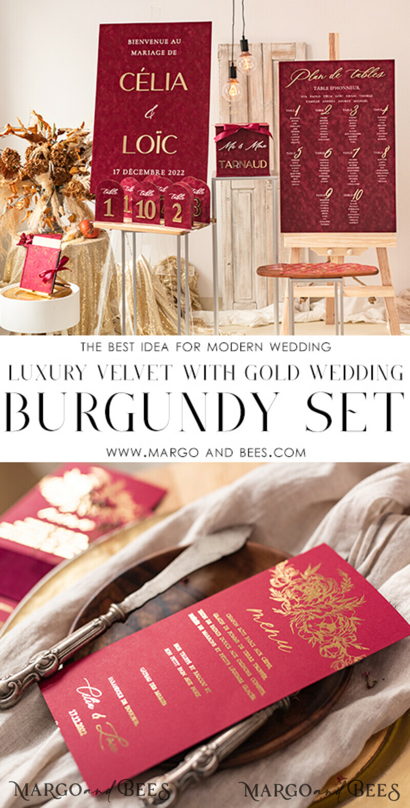 Elegant Burgundy And Gold Wedding Menu, Glamour Gold Foil Dinner Menu With Velvet Belly Band, Modern Wedding Menu Cards With Florals-6