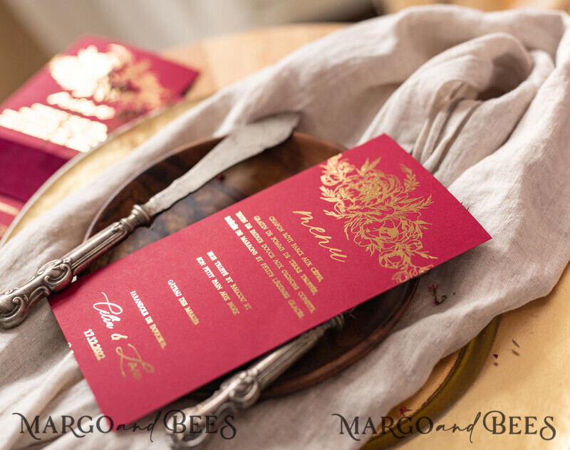 Elegant Burgundy And Gold Wedding Menu, Glamour Gold Foil Dinner Menu With Velvet Belly Band, Modern Wedding Menu Cards With Florals-5