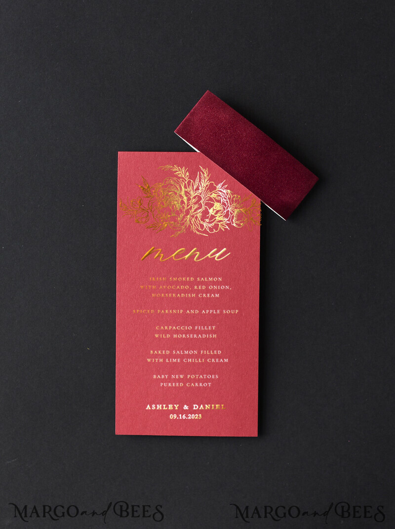 Elegant Burgundy And Gold Wedding Menu, Glamour Gold Foil Dinner Menu With Velvet Belly Band, Modern Wedding Menu Cards With Florals-8