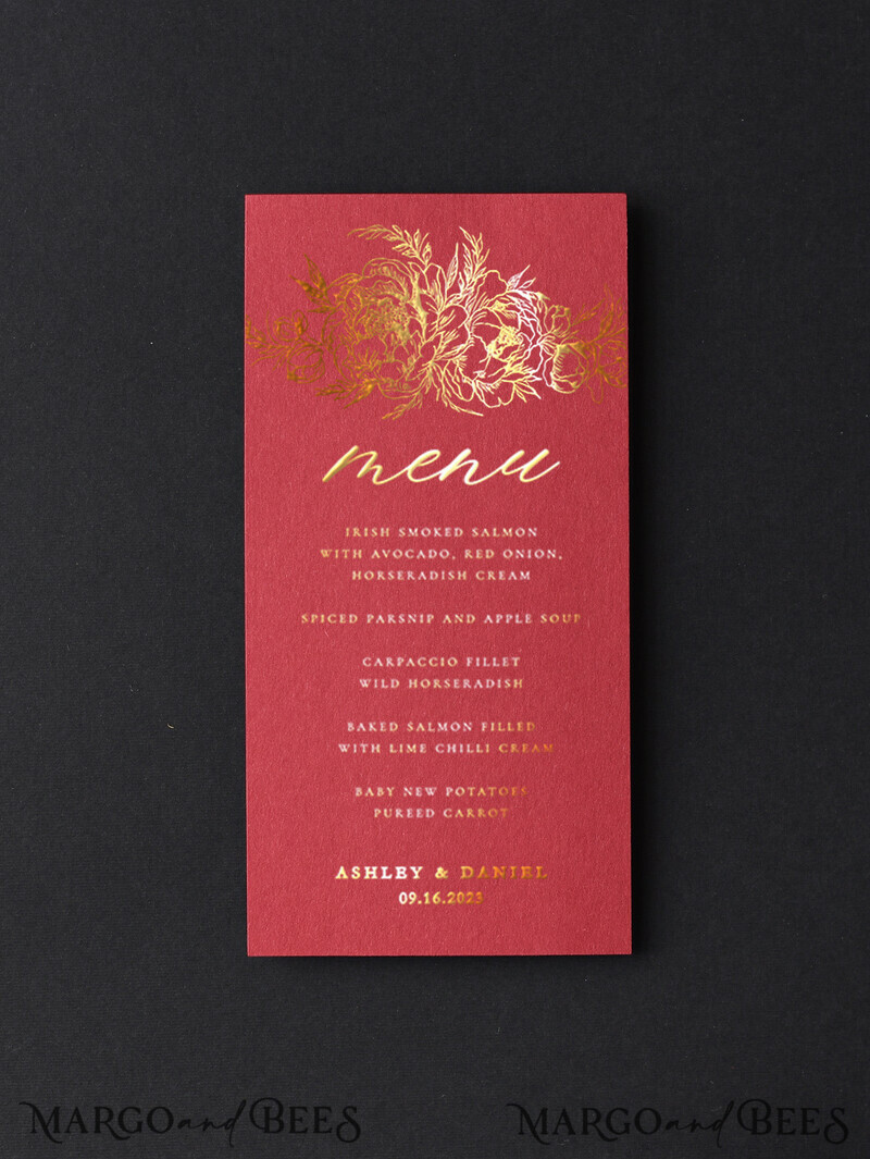 Elegant Burgundy And Gold Wedding Menu, Glamour Gold Foil Dinner Menu With Velvet Belly Band, Modern Wedding Menu Cards With Florals-7