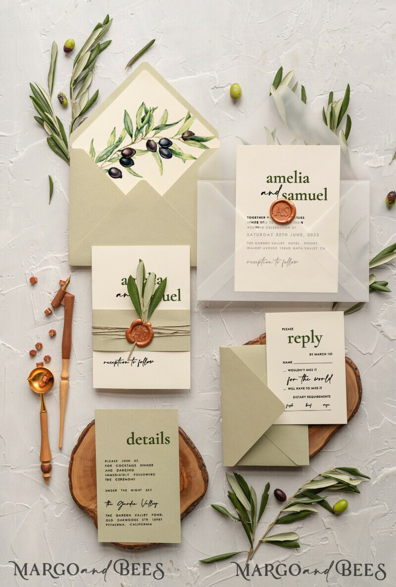 Handmade wedding invitation, Olives Tuscany Wedding invitations, Greek Travel Wedding Stationery, Natural Olives Luxury wedding Invites-0