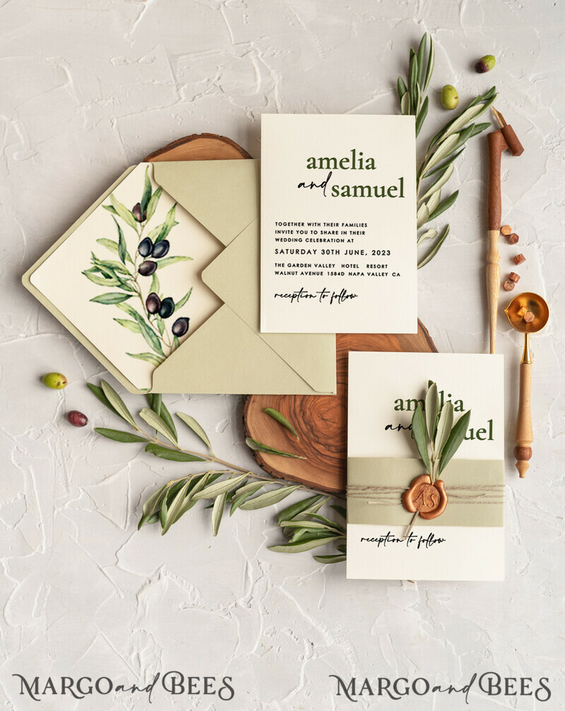 Handmade wedding invitation, Olives Tuscany Wedding invitations, Greek Travel Wedding Stationery, Natural Olives Luxury wedding Invites-1