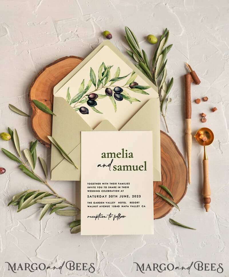 Handmade wedding invitation, Olives Tuscany Wedding invitations, Greek Travel Wedding Stationery, Natural Olives Luxury wedding Invites-10