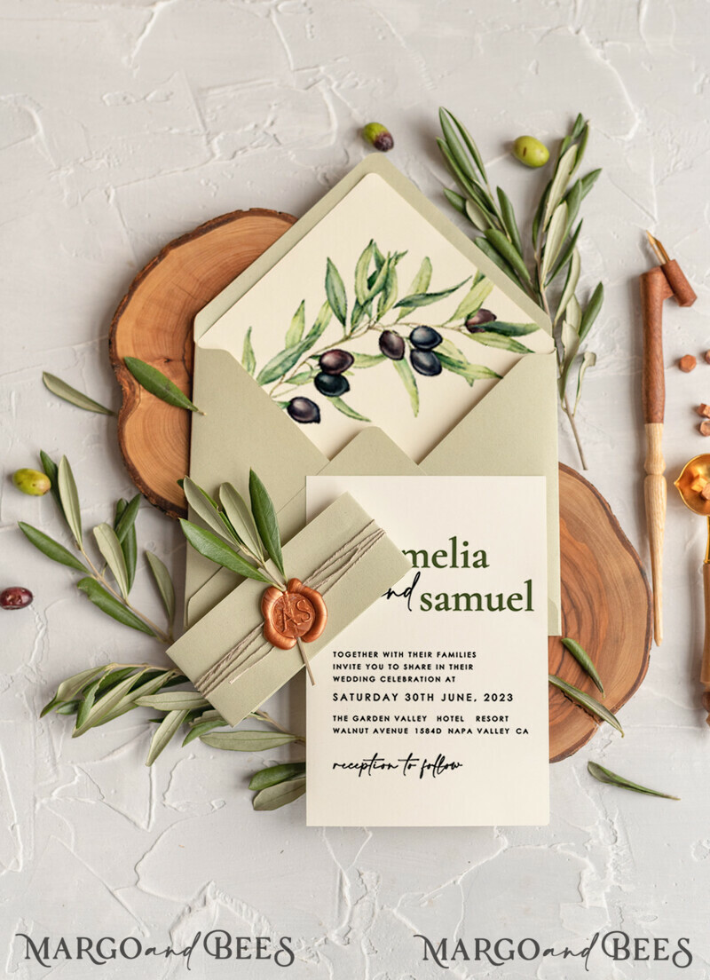 Handmade wedding invitation, Olives Tuscany Wedding invitations, Greek Travel Wedding Stationery, Natural Olives Luxury wedding Invites-8