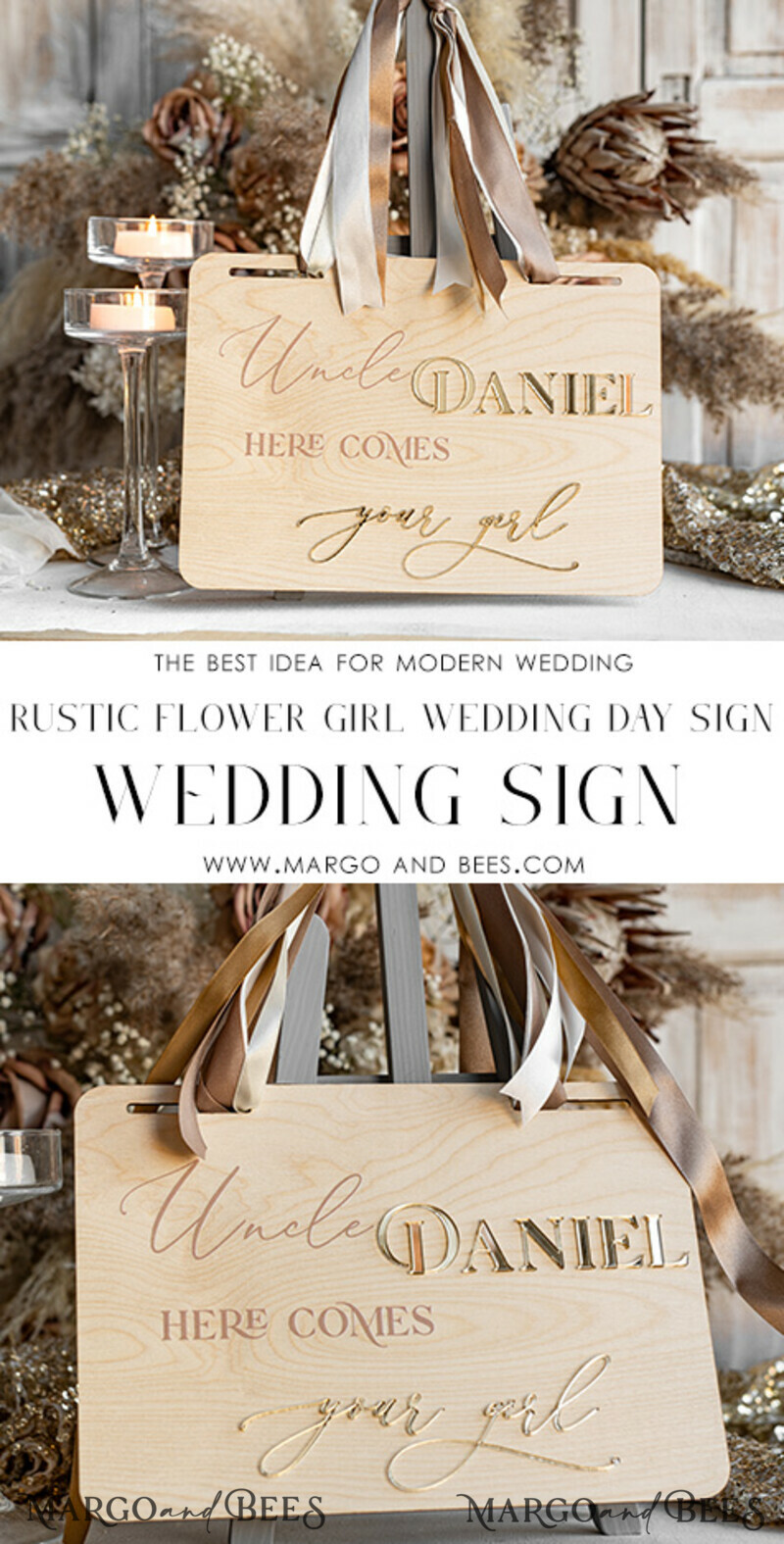 Personalised rustic and gold wood wedding sign, Wooden Page boy sign, Wood boho flower girl sign, flower girl wedding day sign, rustic wedding decor for flower girl, here comes the bride-3