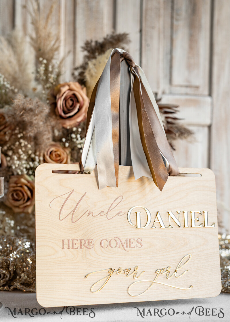 Personalised rustic and gold wood wedding sign, Wooden Page boy sign, Wood boho flower girl sign, flower girl wedding day sign, rustic wedding decor for flower girl, here comes the bride-5