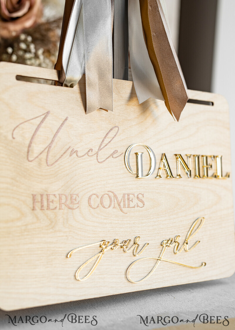 Personalised rustic and gold wood wedding sign, Wooden Page boy sign, Wood boho flower girl sign, flower girl wedding day sign, rustic wedding decor for flower girl, here comes the bride-10