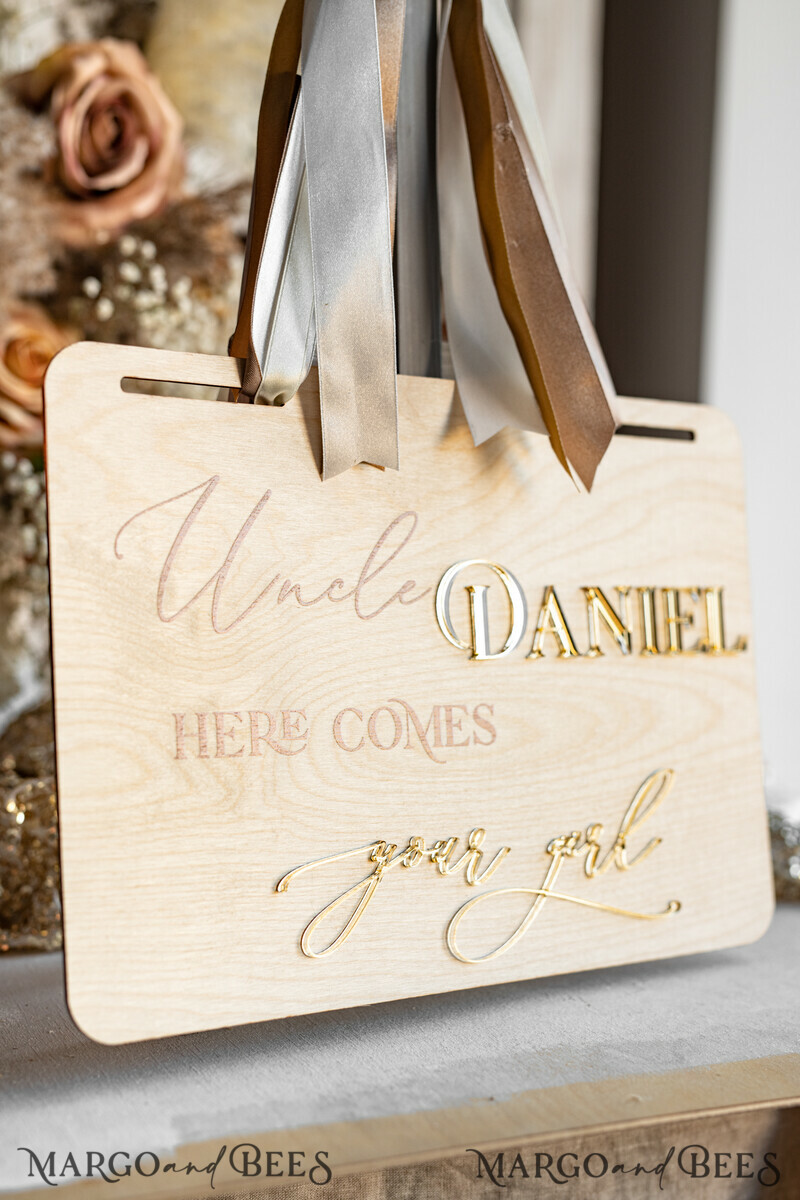 Personalised rustic and gold wood wedding sign, Wooden Page boy sign, Wood boho flower girl sign, flower girl wedding day sign, rustic wedding decor for flower girl, here comes the bride-11