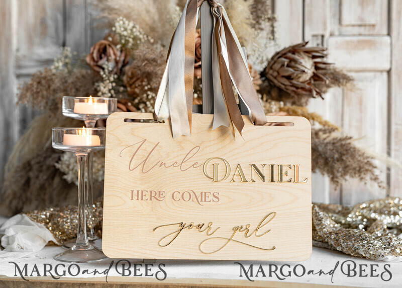 Personalised rustic and gold wood wedding sign, Wooden Page boy sign, Wood boho flower girl sign, flower girl wedding day sign, rustic wedding decor for flower girl, here comes the bride-13