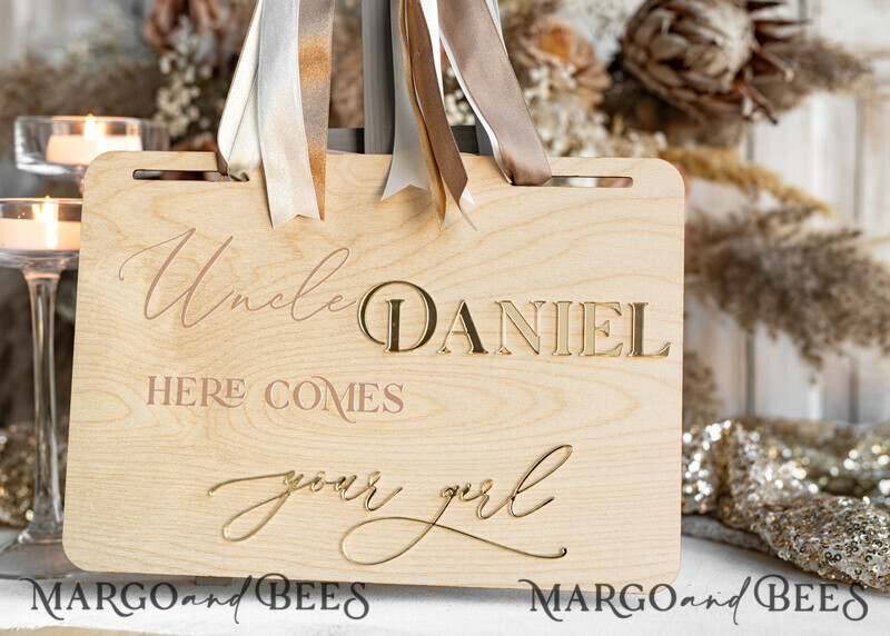 Personalised rustic and gold wood wedding sign, Wooden Page boy sign, Wood boho flower girl sign, flower girl wedding day sign, rustic wedding decor for flower girl, here comes the bride-14