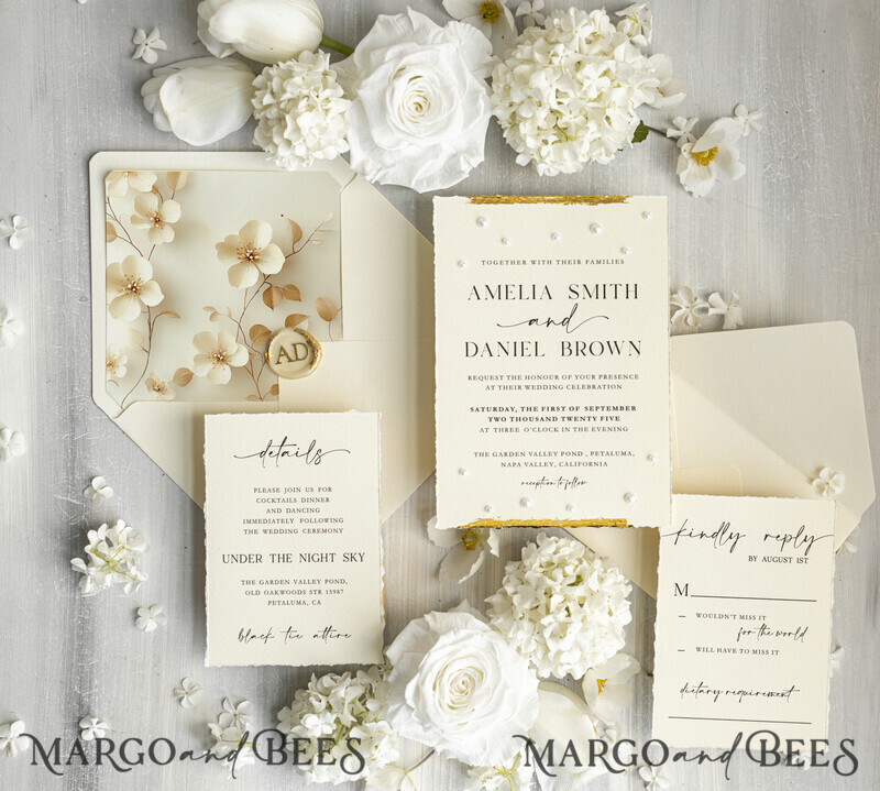 Luxury Fine Art Wedding Invitations with Gold Leaf, Deckled Edges, RSVP qr code Silk Ribbon Bespoke Elegant Wedding Suite-1