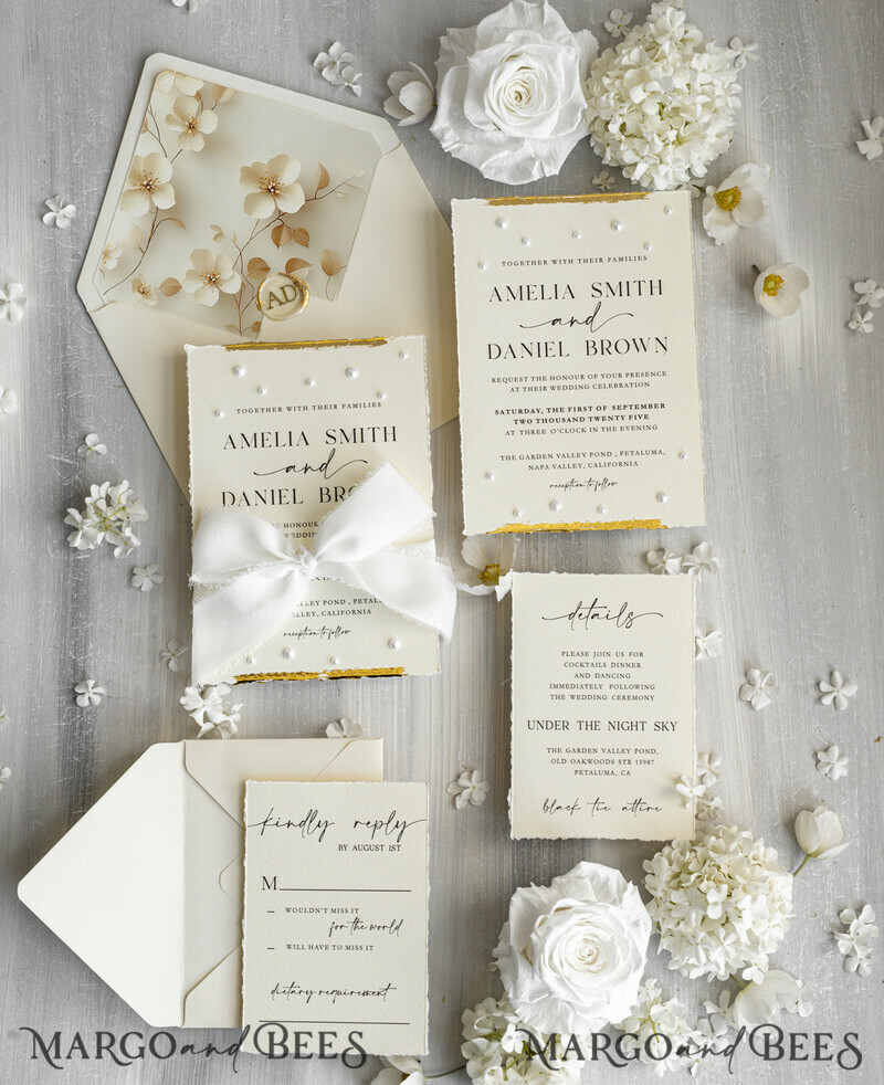 Luxury Fine Art Wedding Invitations with Gold Leaf, Deckled Edges, RSVP qr code Silk Ribbon Bespoke Elegant Wedding Suite-15