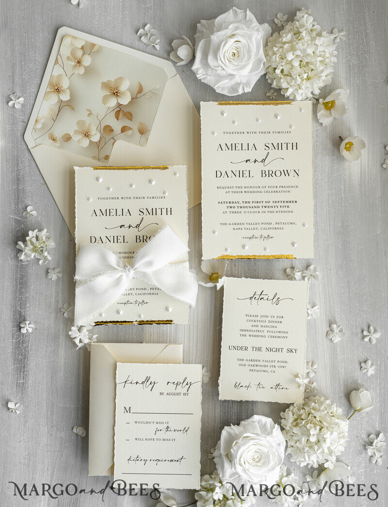 Luxury Fine Art Wedding Invitations with Gold Leaf, Deckled Edges, RSVP qr code Silk Ribbon Bespoke Elegant Wedding Suite-16