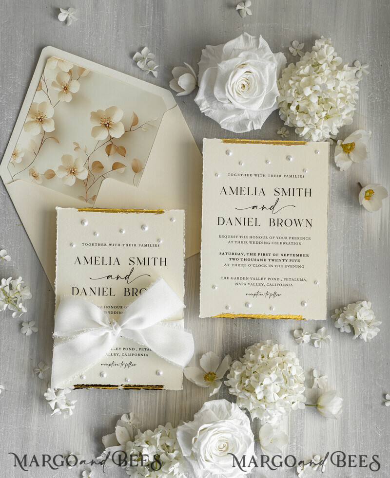 Luxury Fine Art Wedding Invitations with Gold Leaf, Deckled Edges, RSVP qr code Silk Ribbon Bespoke Elegant Wedding Suite-18