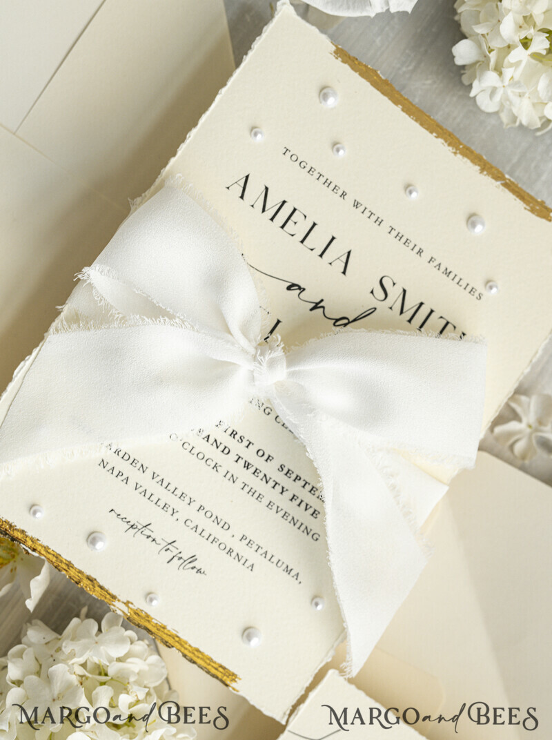 Luxury Fine Art Wedding Invitations with Gold Leaf, Deckled Edges, RSVP qr code Silk Ribbon Bespoke Elegant Wedding Suite-4