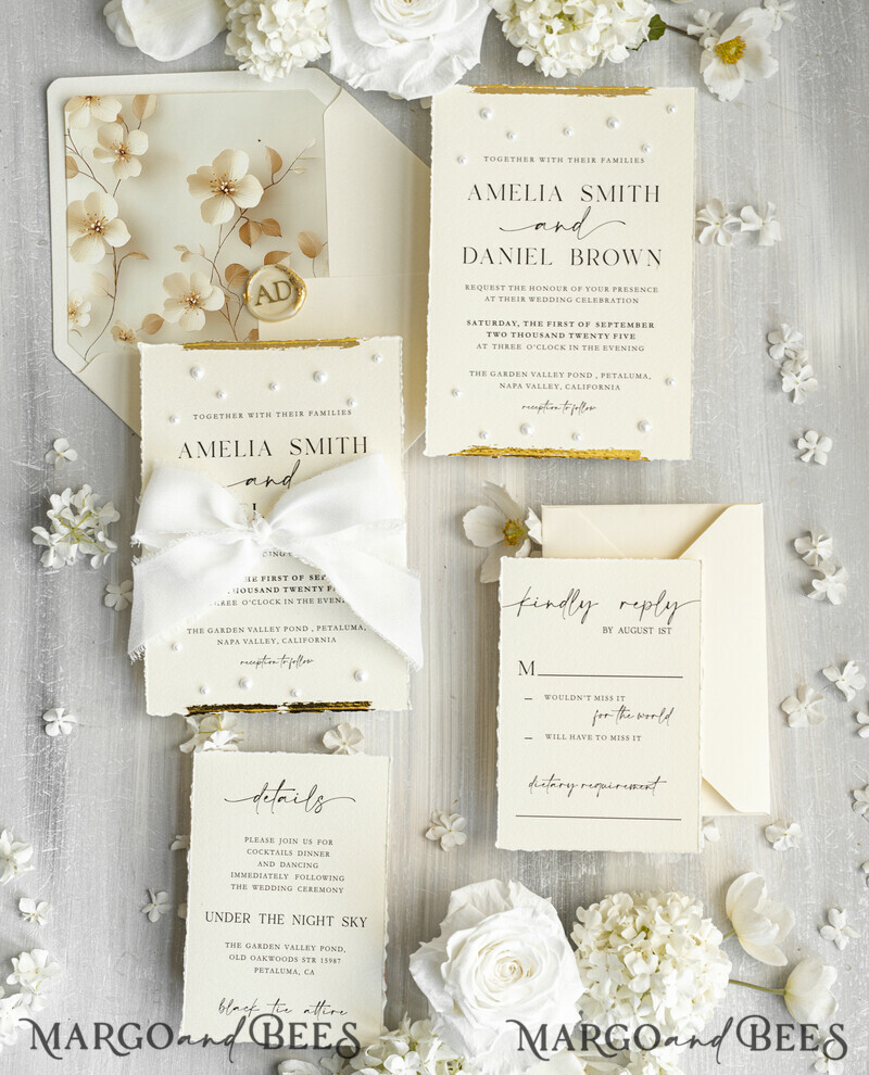 Luxury Fine Art Wedding Invitations with Gold Leaf, Deckled Edges, RSVP qr code Silk Ribbon Bespoke Elegant Wedding Suite-8