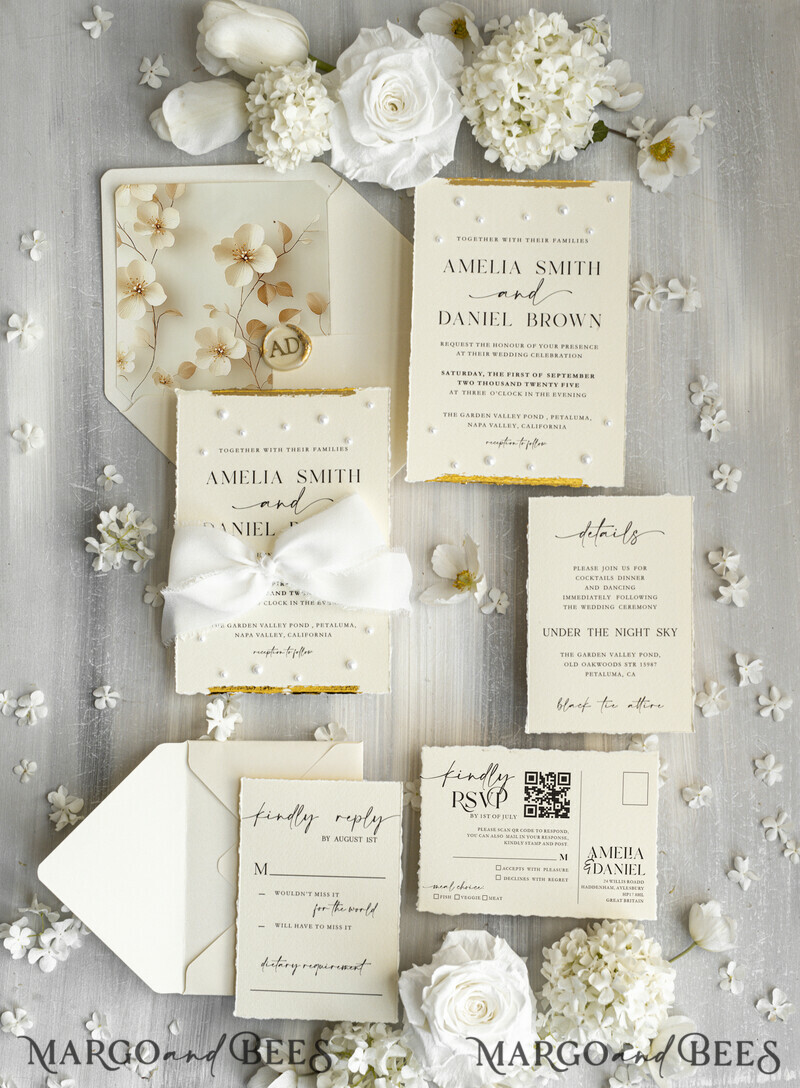 Luxury Fine Art Wedding Invitations with Gold Leaf, Deckled Edges, RSVP qr code Silk Ribbon Bespoke Elegant Wedding Suite-0