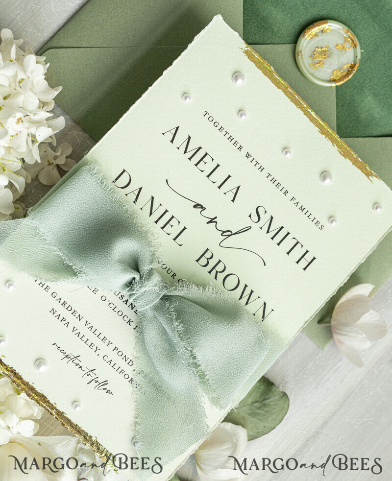 Sage green Fine Art Wedding Invitations with Gold Leaf, Deckled Edges, RSVP qr code Silk Ribbon Bespoke Elegant Wedding Suite-1