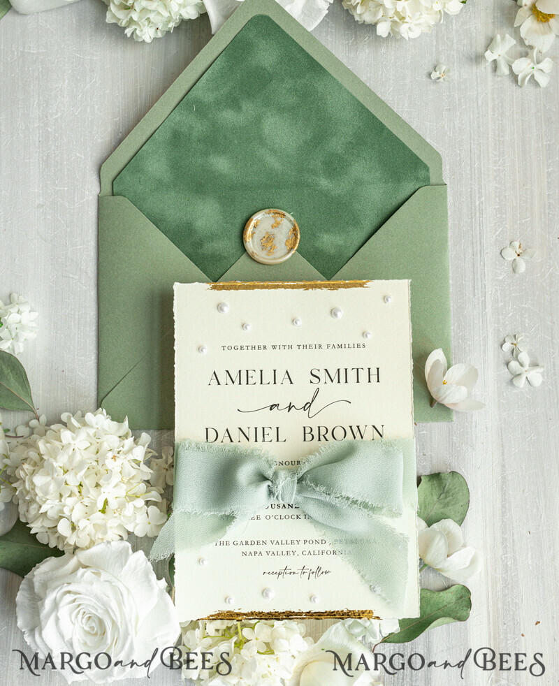 Sage green Fine Art Wedding Invitations with Gold Leaf, Deckled Edges, RSVP qr code Silk Ribbon Bespoke Elegant Wedding Suite-2