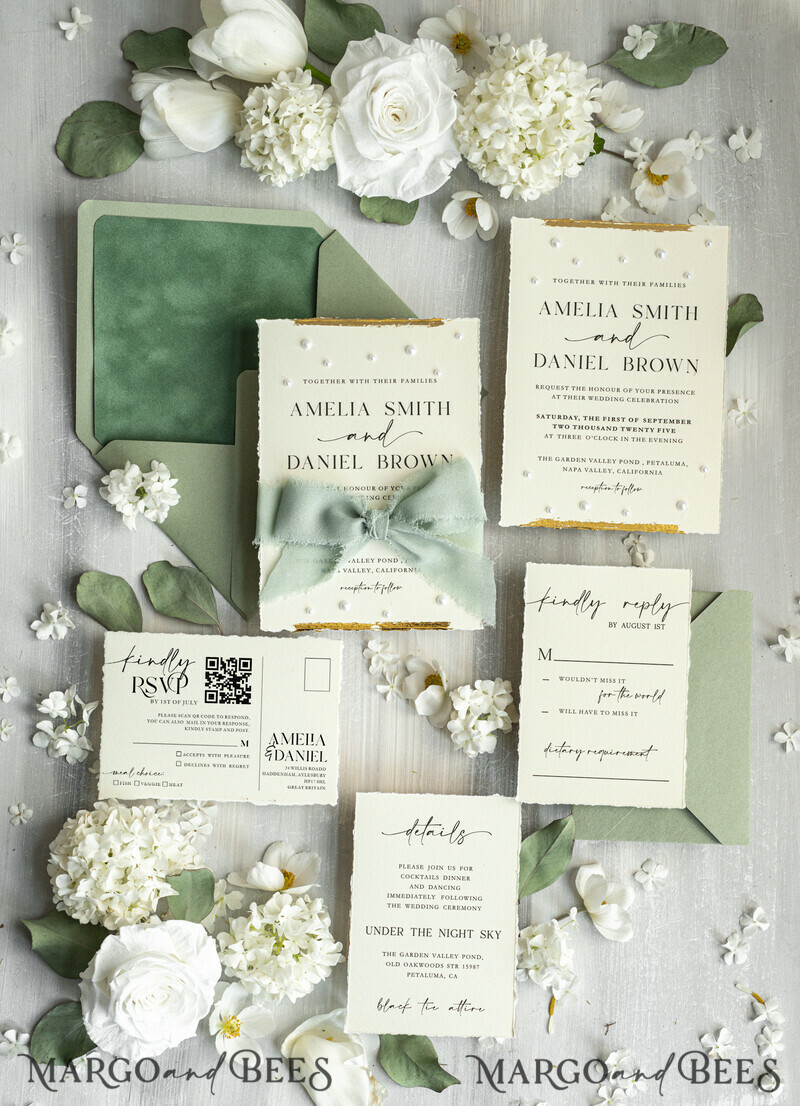 Sage green Fine Art Wedding Invitations with Gold Leaf, Deckled Edges, RSVP qr code Silk Ribbon Bespoke Elegant Wedding Suite-8